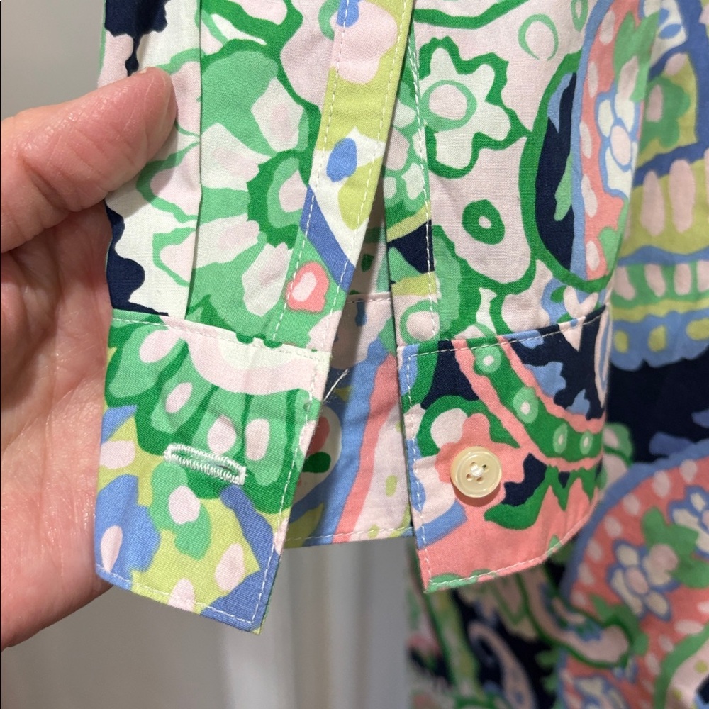 Talbots sz 14 preppy pink green and white patterned button front shirt dress - Picture 6 of 8